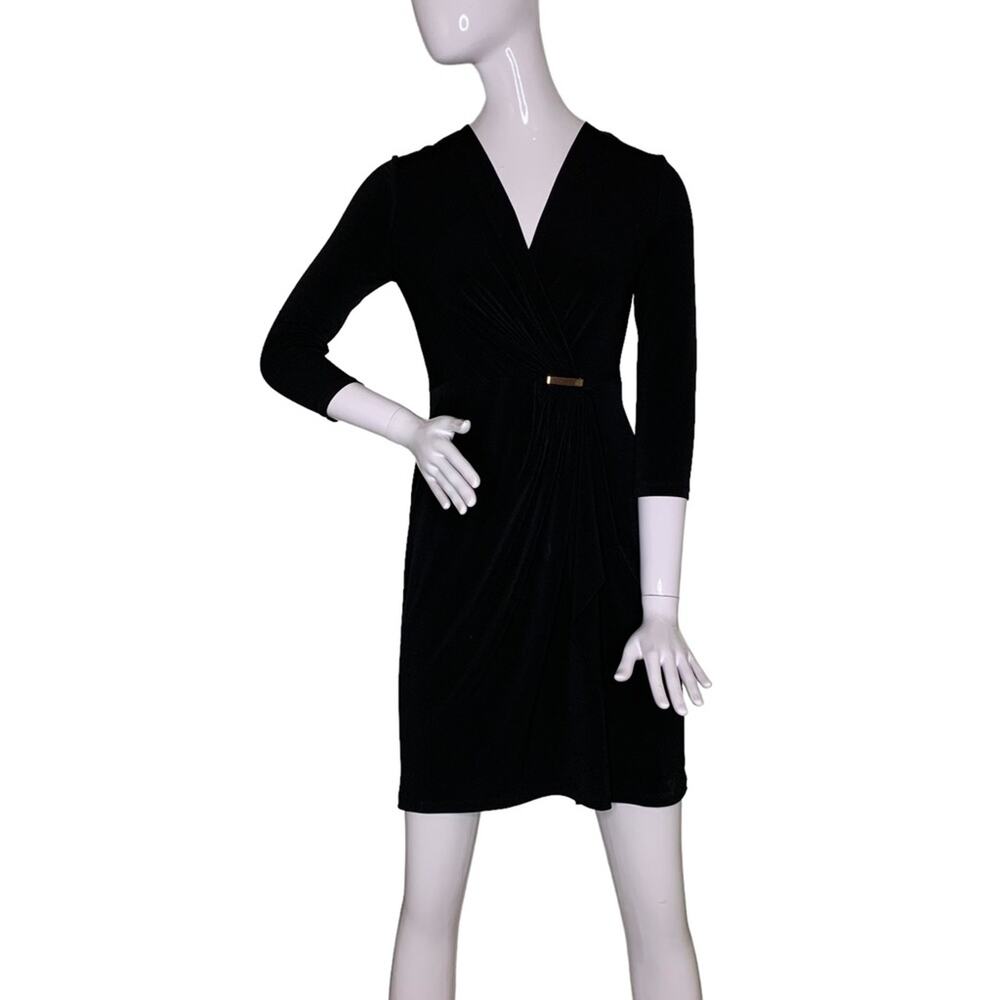 Charter Club NWT Women Dress Black Petite S Pullover Faux Overlap 3/4 sl…